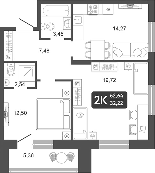 Планировка — Галерея, 2-комн., 60 м²