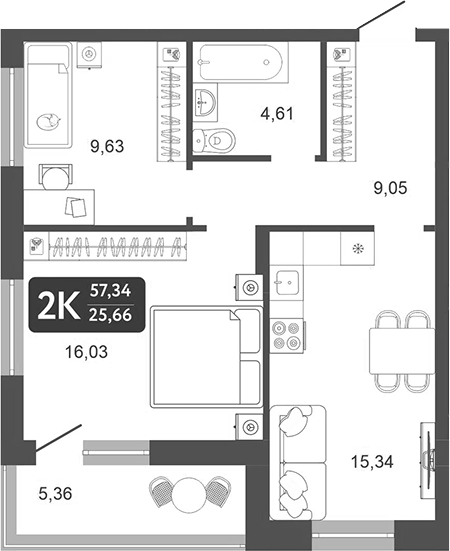 Планировка — Галерея, 2-комн., 55 м²