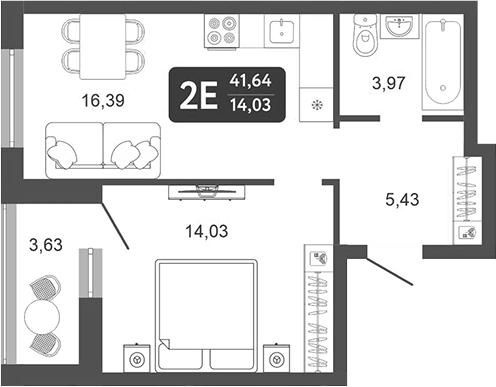 Планировка — Галерея, 2-комн., 40 м²