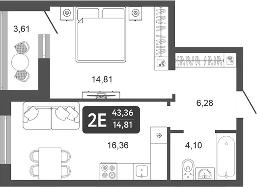 Планировка — Галерея, 2-комн., 42 м²