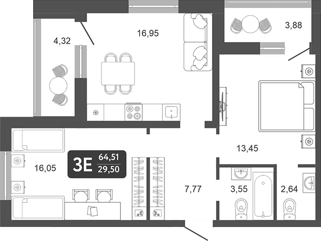 Планировка — Галерея, 3-комн., 60 м²