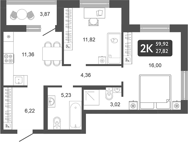 Планировка — Галерея, 2-комн., 58 м²