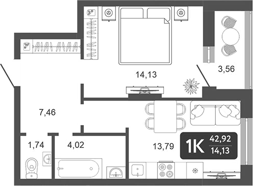 Планировка — Галерея, 1-комн., 41 м²