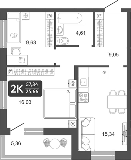Планировка — Галерея, 2-комн., 55 м²
