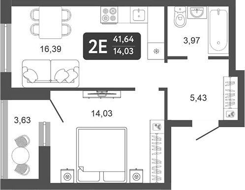 Планировка — Галерея, 2-комн., 40 м²