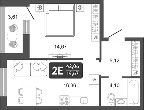 Планировка — Галерея, 2-комн., 40 м²