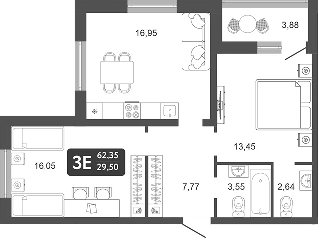 Планировка — Галерея, 3-комн., 60 м²