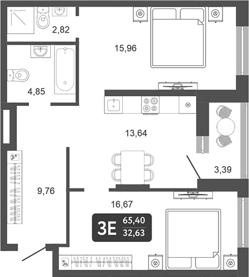 Планировка — Галерея, 3-комн., 64 м²
