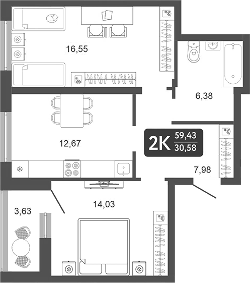 Планировка — Галерея, 2-комн., 58 м²