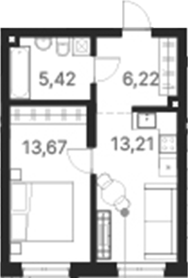 Планировка — Атлас Ривер, 1-комн., 39 м²