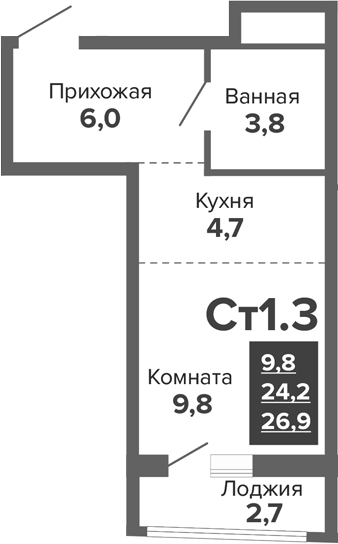 Планировка — Синица. Реформа, Студия, 24 м²