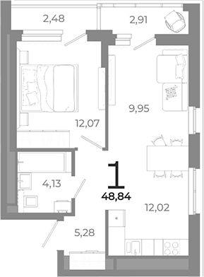 Планировка — Символ, 1-комн., 43 м²