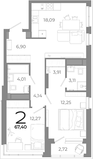 Планировка — Символ, 2-комн., 65 м²