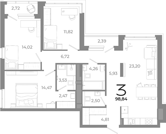 Планировка — Символ, 3-комн., 94 м²