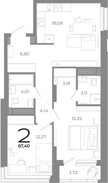 Планировка — Символ, 2-комн., 65 м²