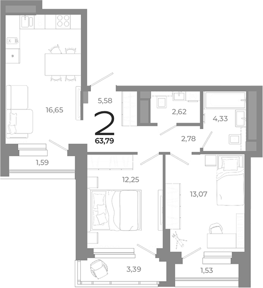 Планировка — Символ, 2-комн., 57 м²