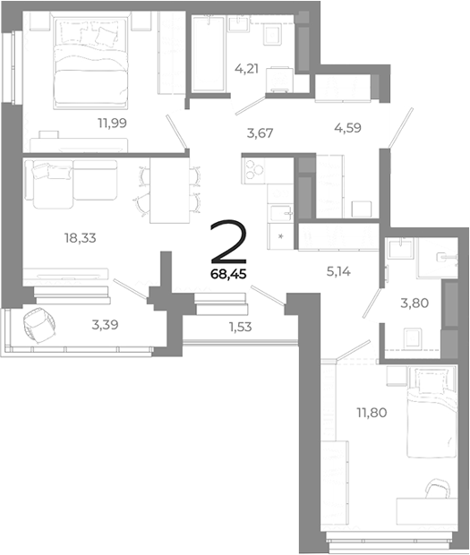 Планировка — Символ, 2-комн., 64 м²