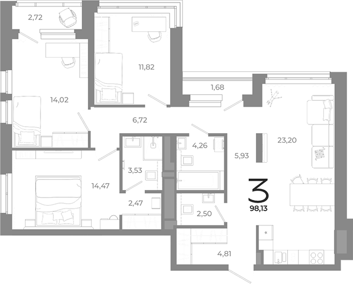 Планировка — Символ, 3-комн., 94 м²