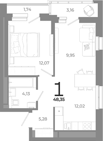 Планировка — Символ, 1-комн., 43 м²