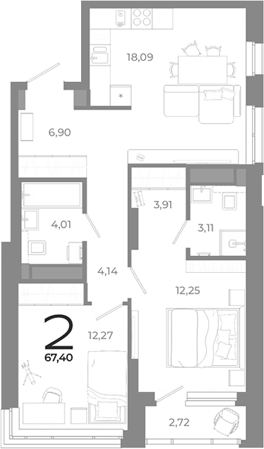 Планировка — Символ, 2-комн., 65 м²