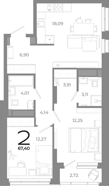 Планировка — Символ, 2-комн., 65 м²