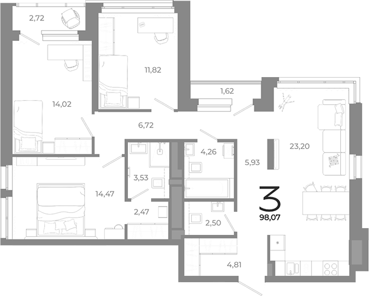 Планировка — Символ, 3-комн., 94 м²