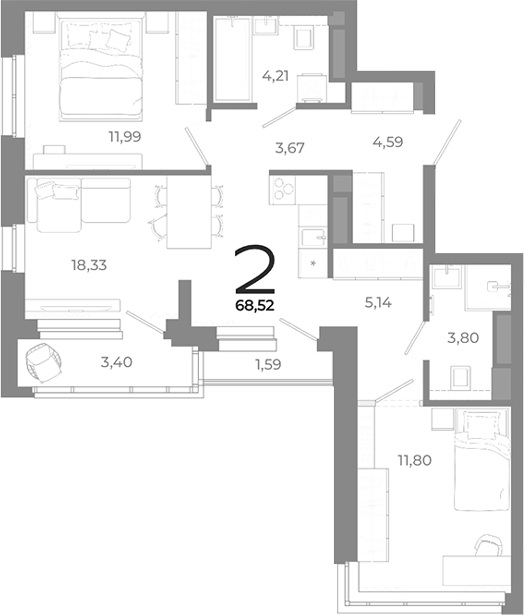 Планировка — Символ, 2-комн., 64 м²
