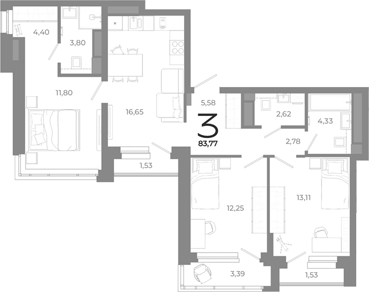 Планировка — Символ, 3-комн., 77 м²
