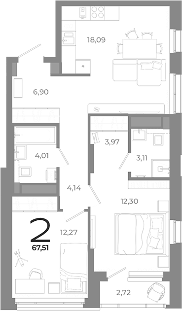 Планировка — Символ, 2-комн., 65 м²