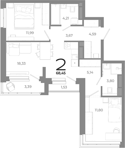 Планировка — Символ, 2-комн., 64 м²