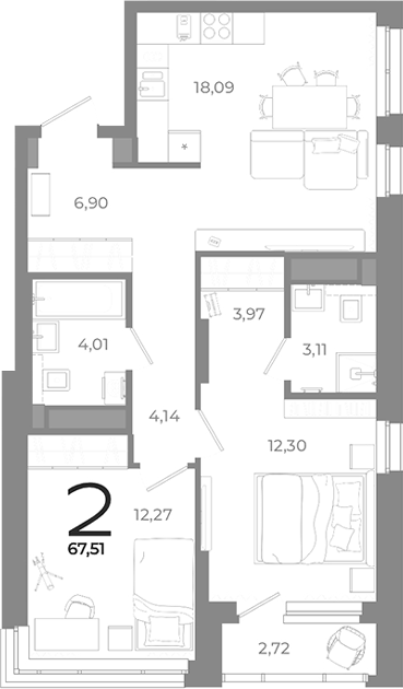 Планировка — Символ, 2-комн., 65 м²