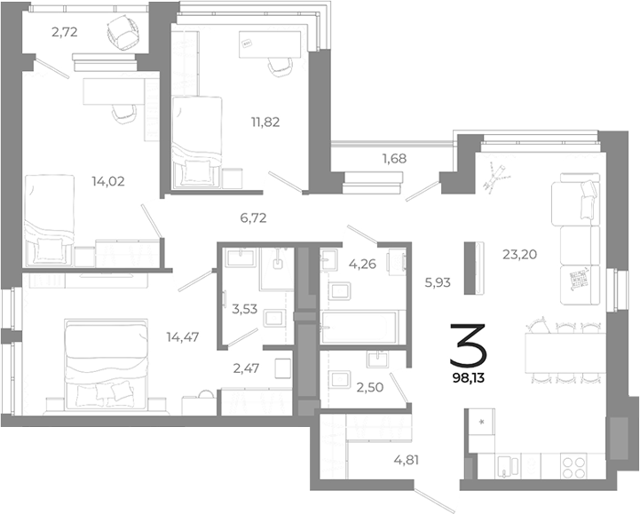 Планировка — Символ, 3-комн., 94 м²