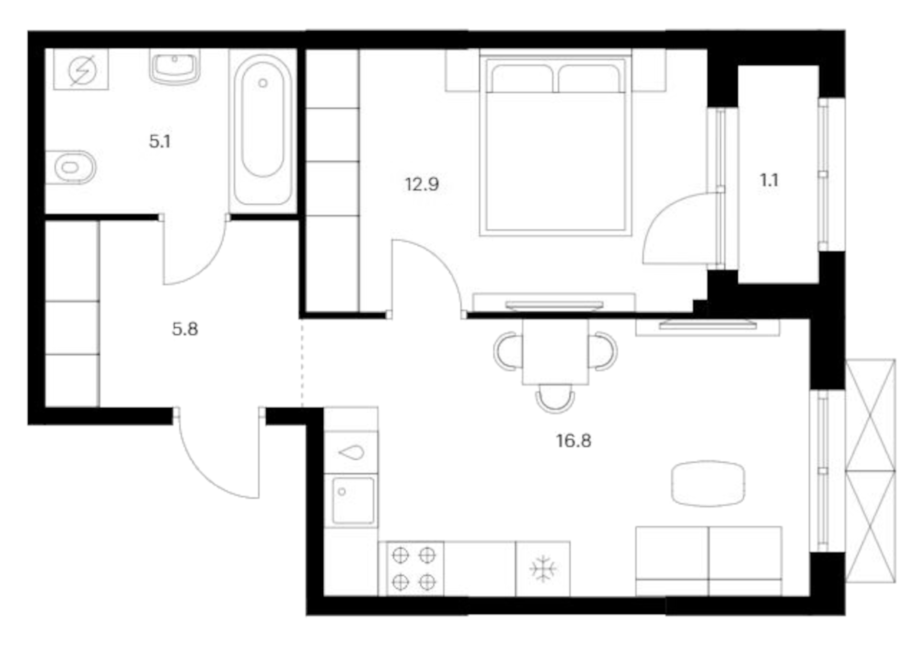 Планировка — Исеть парк, 1-комн., 41 м²