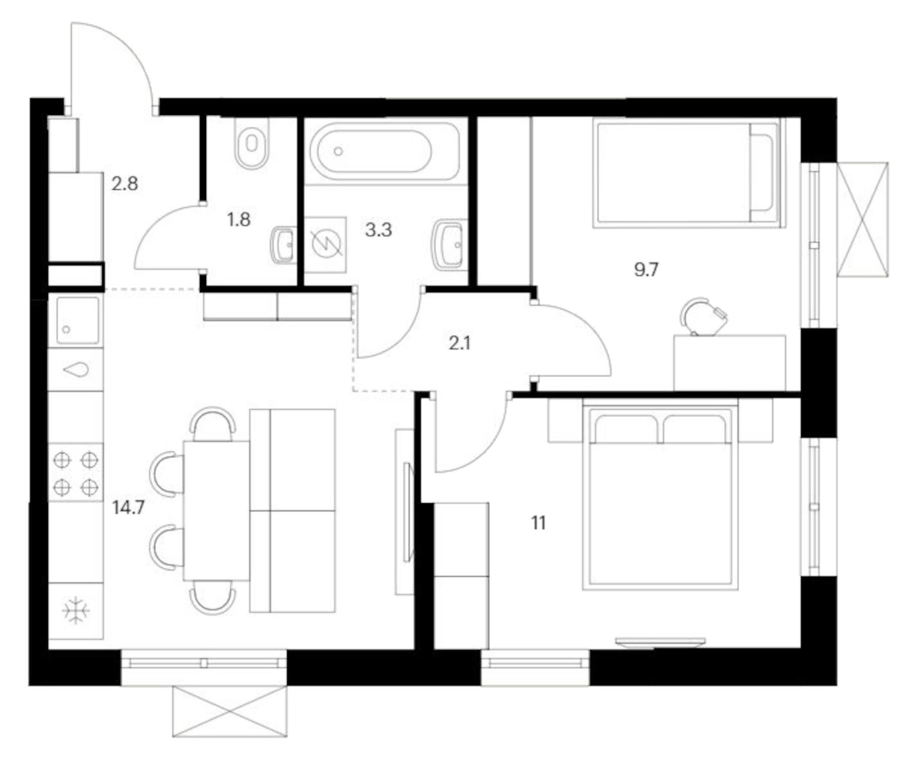 Планировка — Исеть парк, 2-комн., 45 м²