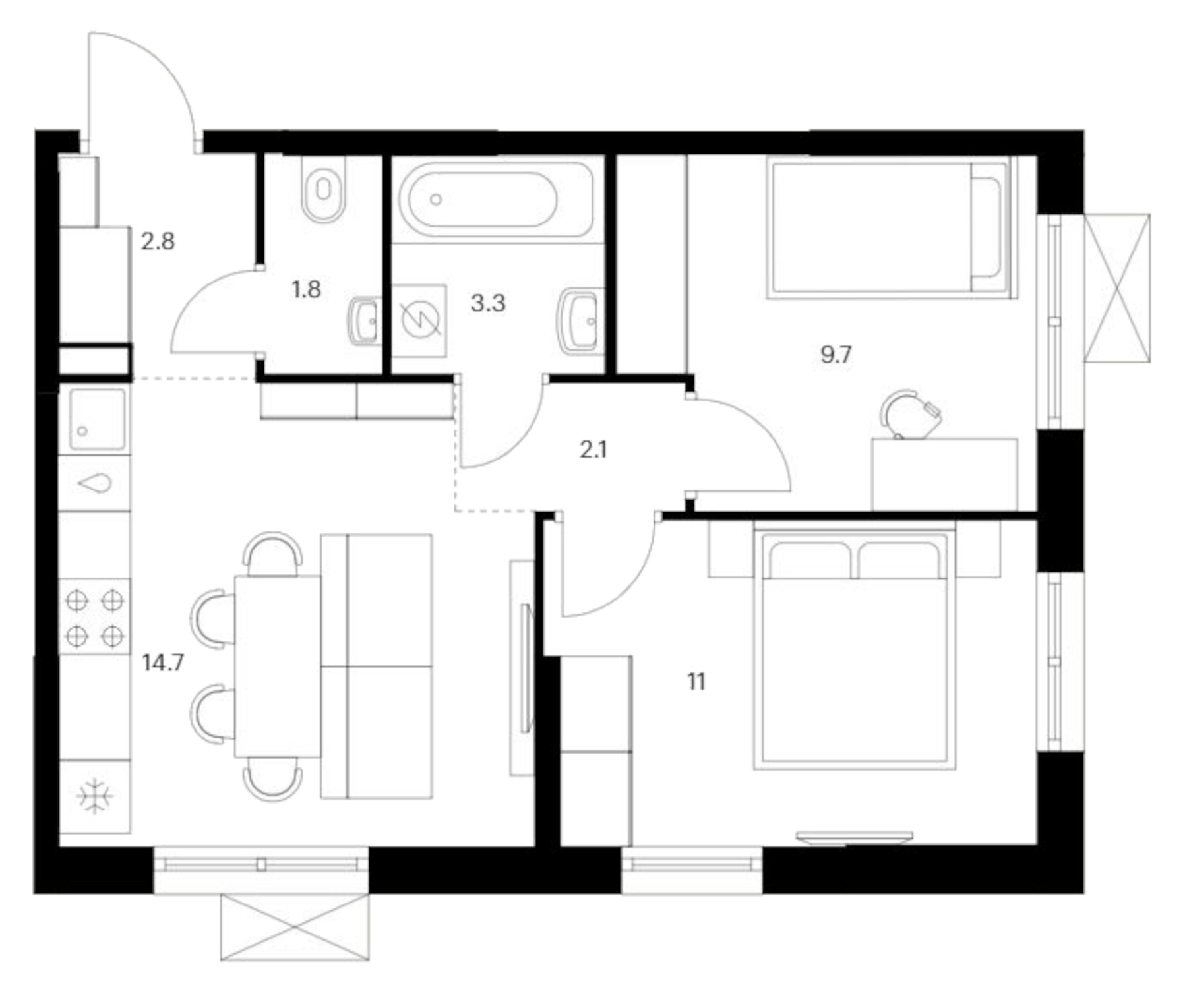 Планировка — Исеть парк, 2-комн., 45 м²