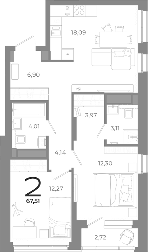 Планировка — Символ, 2-комн., 65 м²