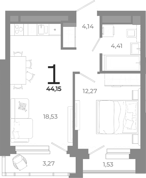 Планировка — Символ, 1-комн., 39 м²