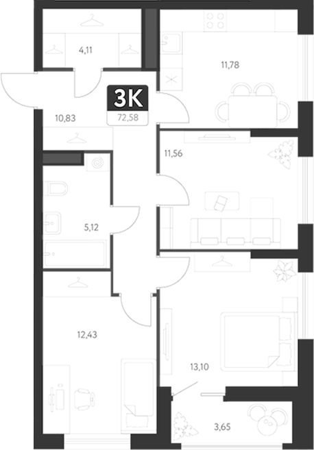 Планировка — Спутник-1, 3-комн., 68 м²