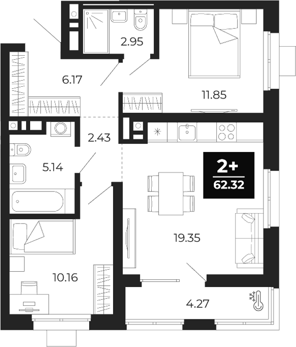 Планировка — Соната-парк, 2-комн., 58 м²