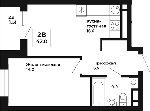 Планировка — Космос, 1-комн., 41 м²