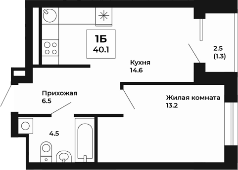 Планировка — Космос, 1-комн., 39 м²