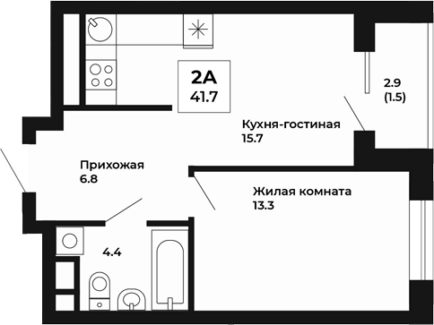 Планировка — Космос, 1-комн., 40 м²
