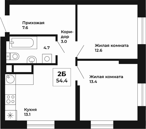 Планировка — Космос, 2-комн., 54 м²