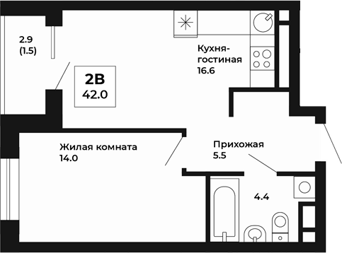 Планировка — Космос, 1-комн., 41 м²