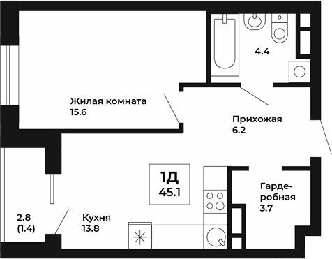 Планировка — Космос, 1-комн., 44 м²