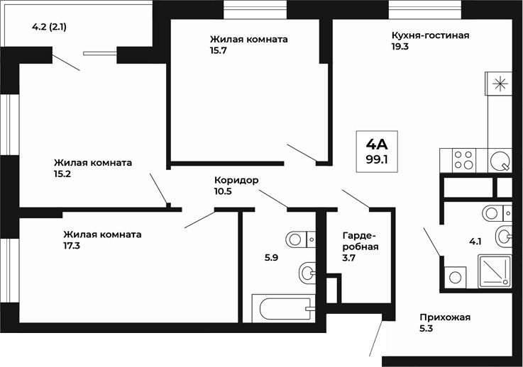 Планировка — Космос, 3-комн., 97 м²