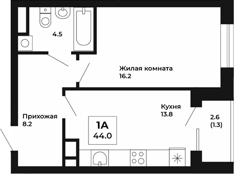 Планировка — Космос, 1-комн., 42 м²