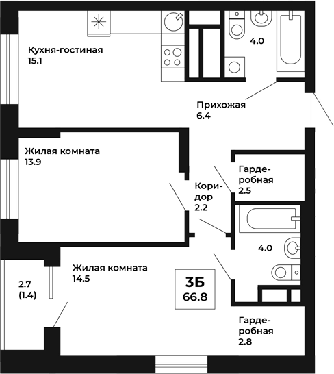Планировка — Космос, 2-комн., 65 м²