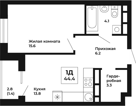 Планировка — Космос, 1-комн., 43 м²