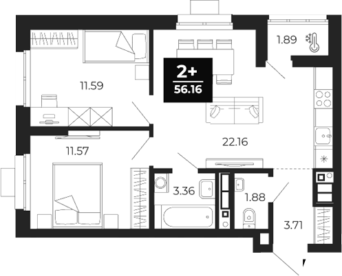 Планировка — Соната-парк, 2-комн., 53 м²